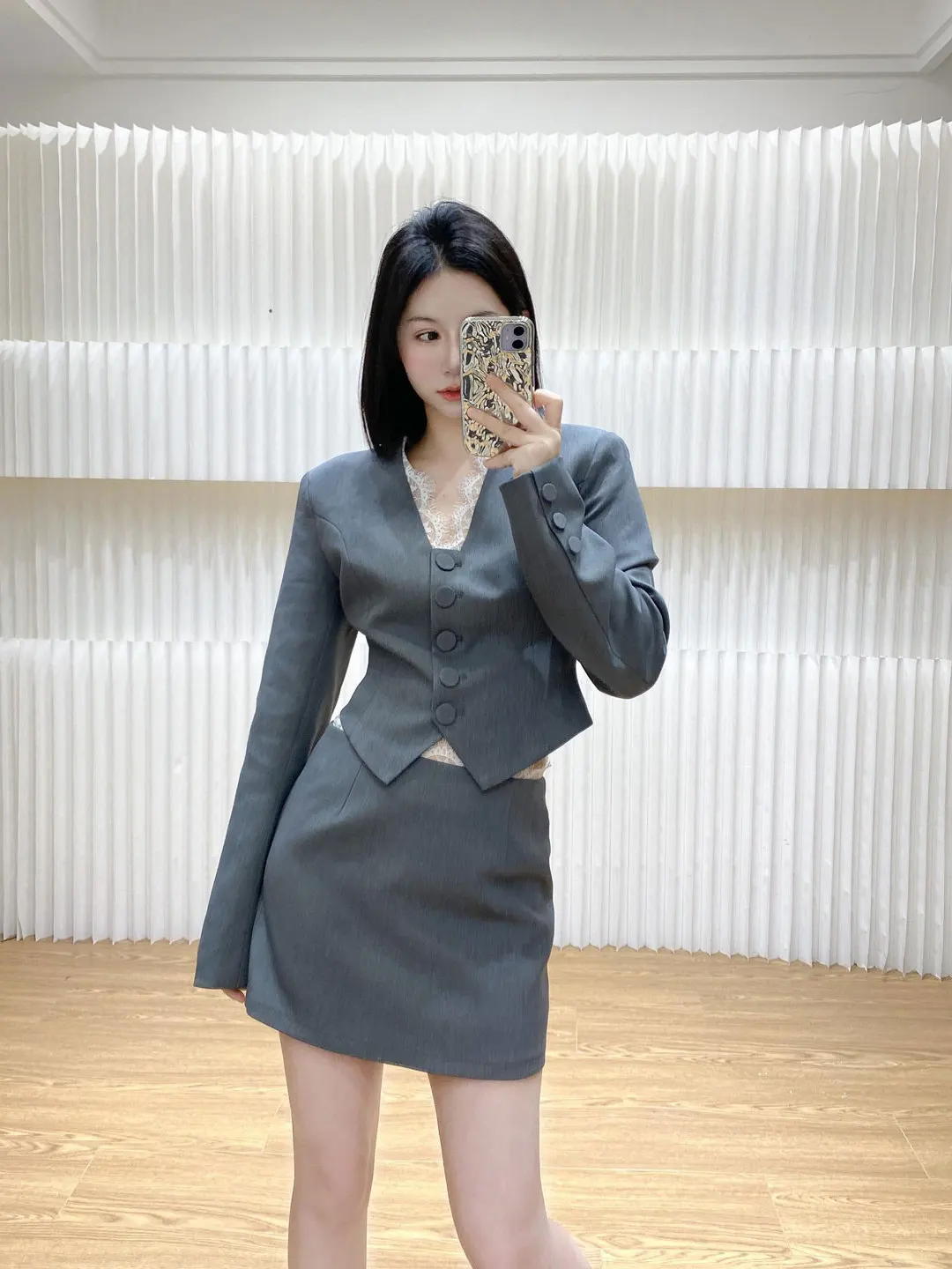 

Spring Commuter Style Women's Suit Short Coat Lace Patchwork High Waist Bodycon Skirt Two-Piece Set Long Sleeve Polyester Fiber