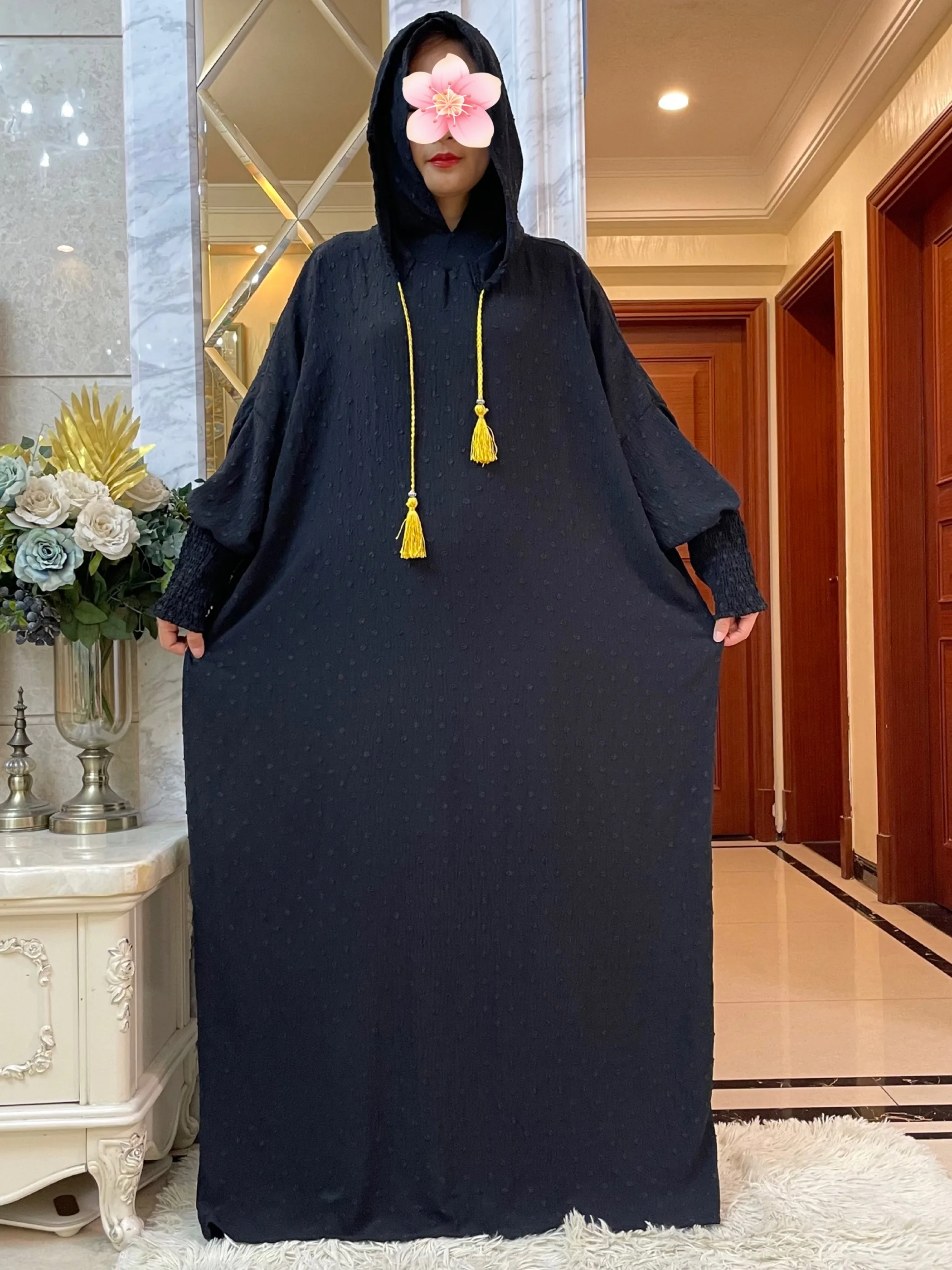 New Ramadan Muslim Two Hats Abaya Dubai Turkey Islam Prayer Clothes Cotton Jacquard Fabric  Dresses Islam Women Dress Kaftan