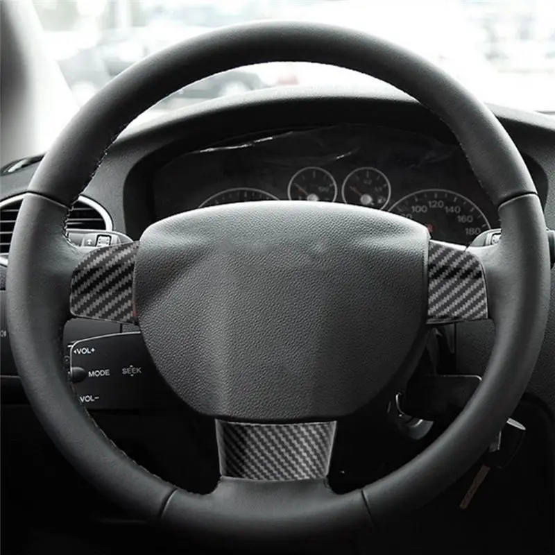 A02Q-Carbon Fiber Car Steering Wheel Buttons Panel Cover Trim Sticker For Ford Focus 2005-2014
