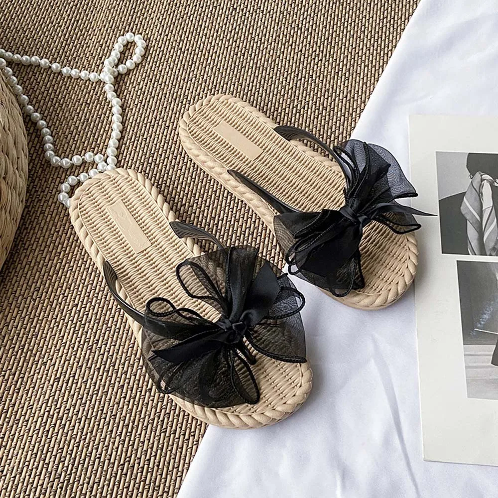 

Casual Cloth Bow Bowknot Flip Flops Women Slippers Non-Slip Seaside Sandals PVC Holiday Vacation Beach Slippers Couple Gift