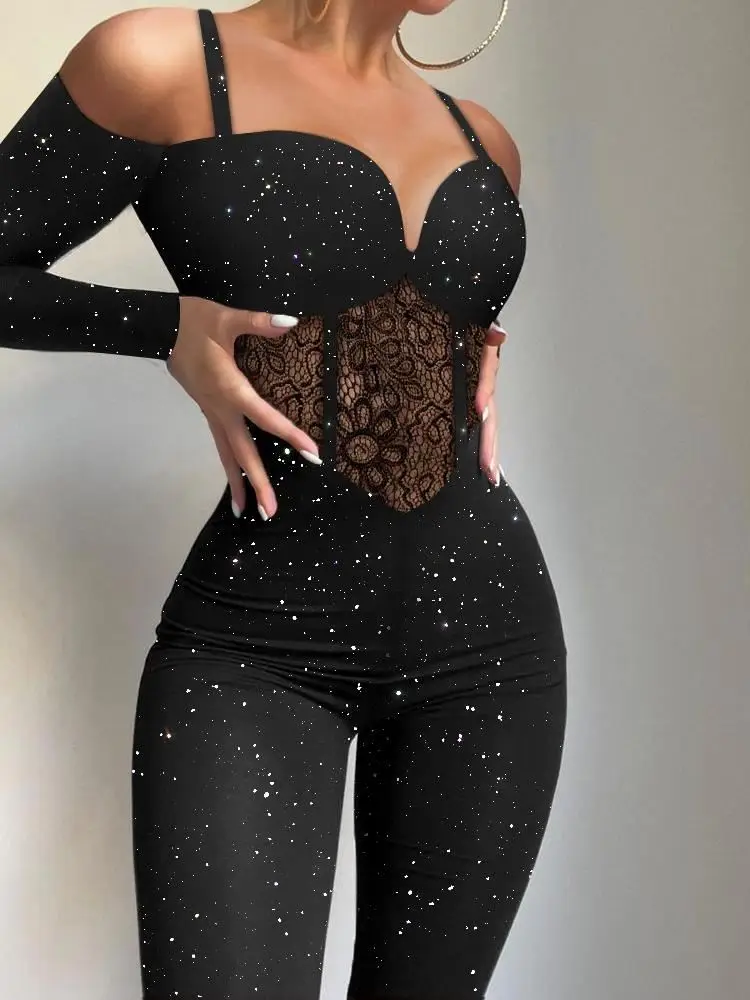 Glitter Cold Shoulder Contrast Lace Corset Jumpsuit Women's Street Style High Waist Long Pants Thin Fabric Spring Collection