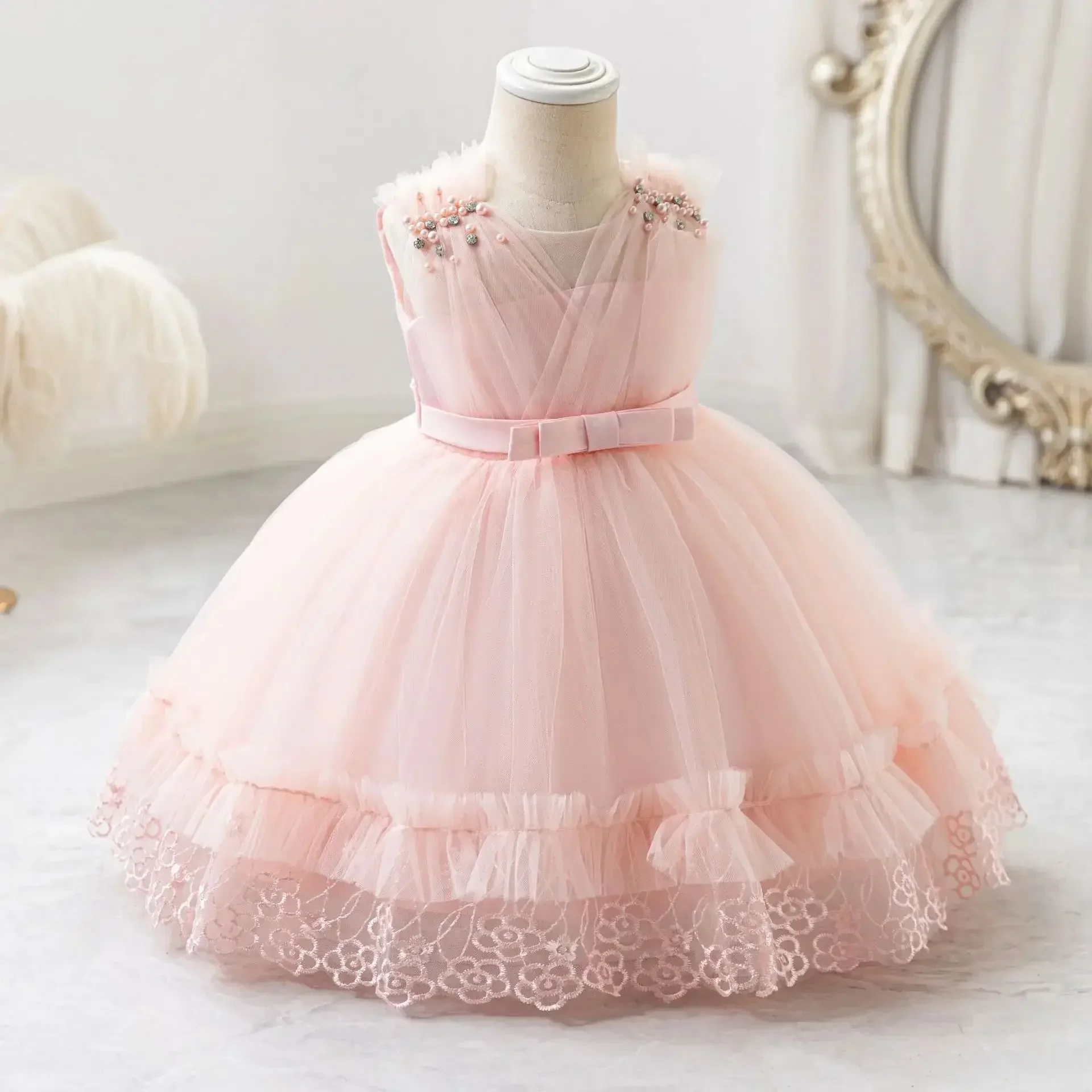 Summer Baby Dresses Pearls Lace 1st Birthday Dress for Toddler Wedding Party Gown vestido infantil menina 0 2 4 Years