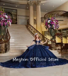 Dark Blue Off Shoulder Quinceanera Dresses Ball Gown Bead Applique 2024 Birthday Luxury Dress Tiered Princess Gown Customized
