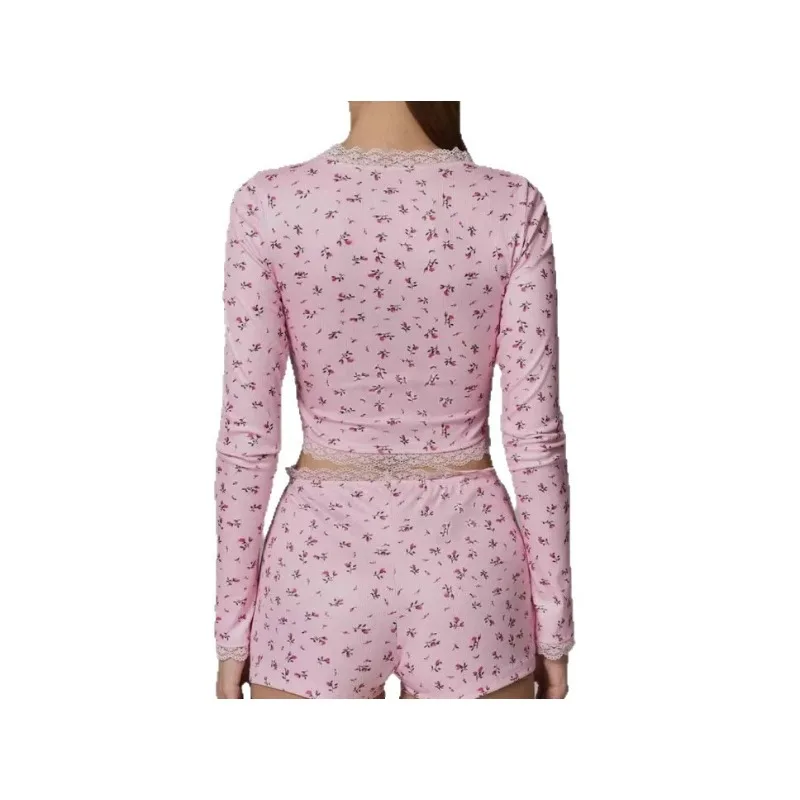 

Printed Suit Crew Neck Tight Long-sleeved Top Shorts Women's Suit