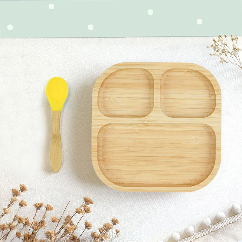 Baby Bambus Saugnapf Gabel & Löffel Set Rutschfestes Besteck Kinderfütterungstablett BPA-frei