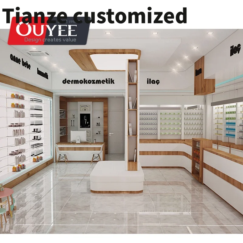 Customized-Shop Display Showcase Wooden Pharmacy Shop Counter Wooden Pharmacy Display Cabinet Display Racks Furniture Of Pharmac