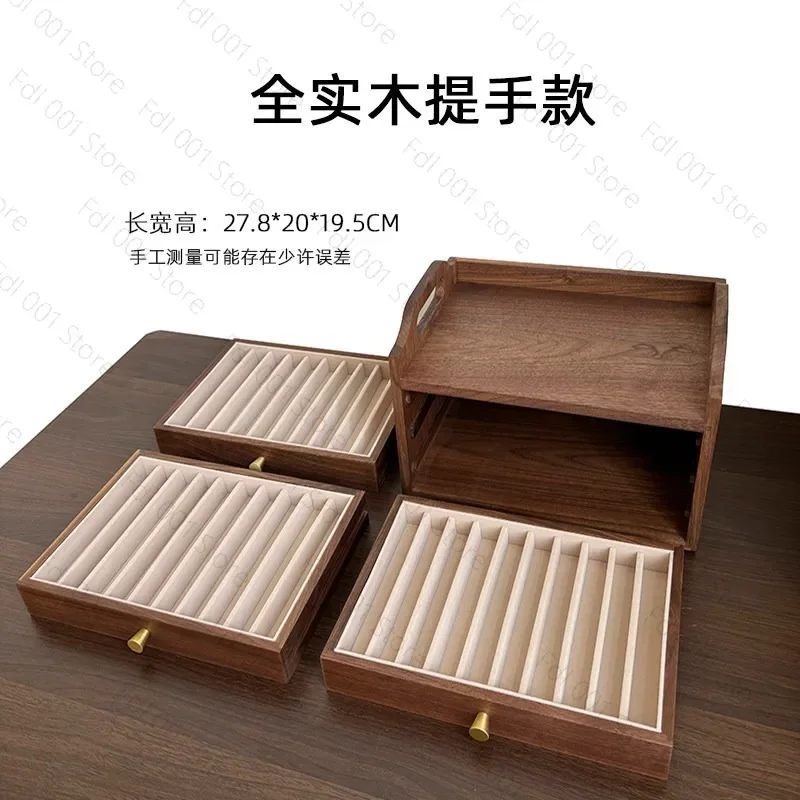 Black Walnut Wood Drawer Storage Box Large Capacity Brass Handle Desktop Pen Organizer Display Case