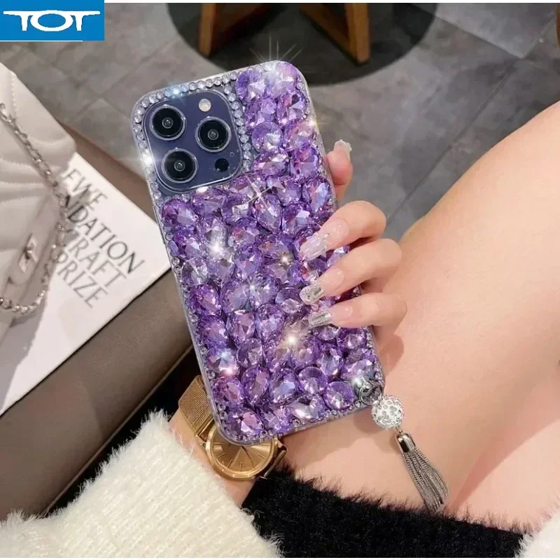 

Luxury Shiny Glitter Purple Rhinestone Tassel Pendant Case For Samsung Galaxy S24 S20Plus S21 S22 23Ultra Note20 10 Back Cover