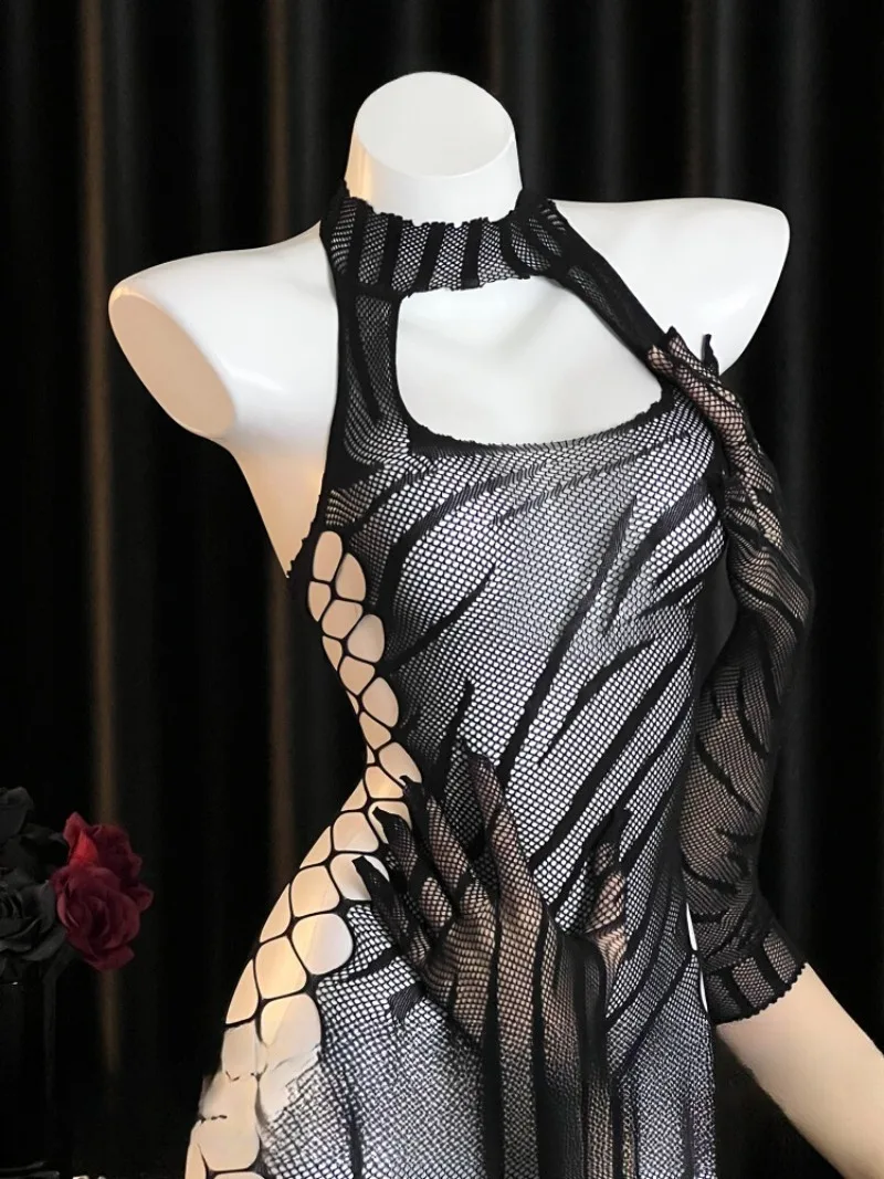 Sukienka z siateczki z wycięciami w zebrę, seksowna bielizna z rozcięciem dla kobiet, prześwitująca bielizna nocna, obcisła mini sukienka bodycon na imprezę dla par