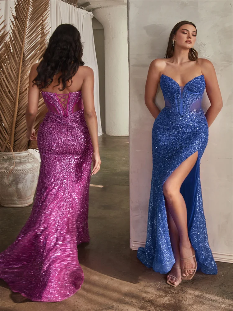 Gorgeous Strapless Deep V Neckline Bodice Sequin Sheath Prom Dress Elegant Open Lace Up Back Sweep Train High Slit Gowns 2024