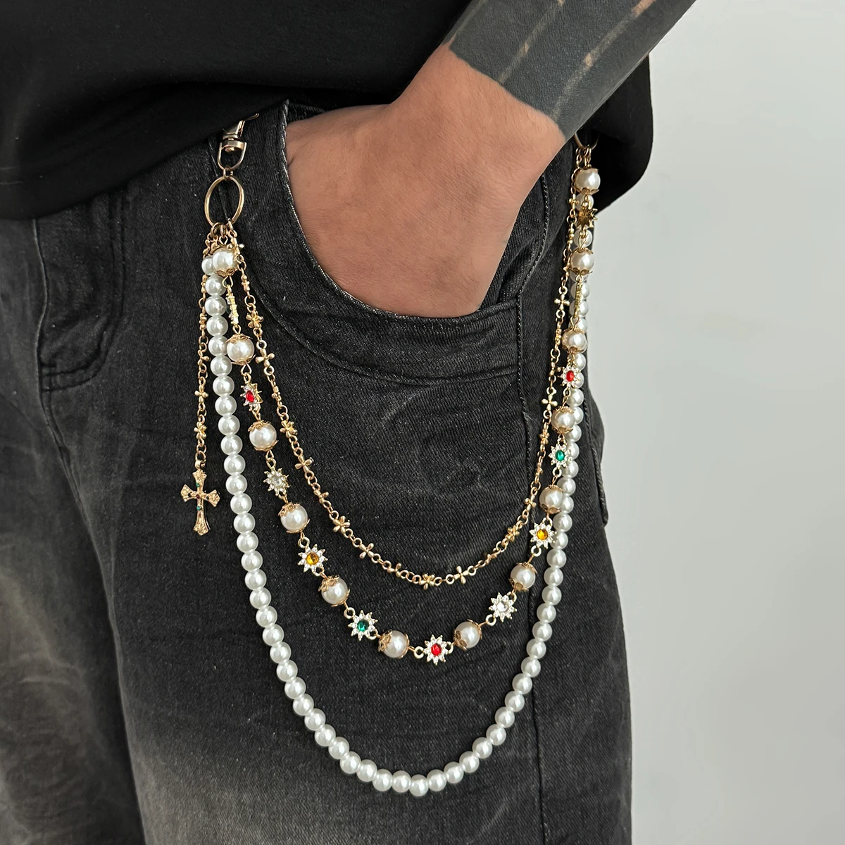 PuRui Trendy Luxus Imitation Perle Strass Jeans Hosen Kette für Frauen Männer Vintage Gold Farbe Kreuz Anhänger Schlüsselbund Schmuck