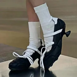 Designer Heeled Ballet Pumps Women Round Toe Cross Lace Up Strange Shoes Sporty Style Silver Brand Low Heeled Shoes