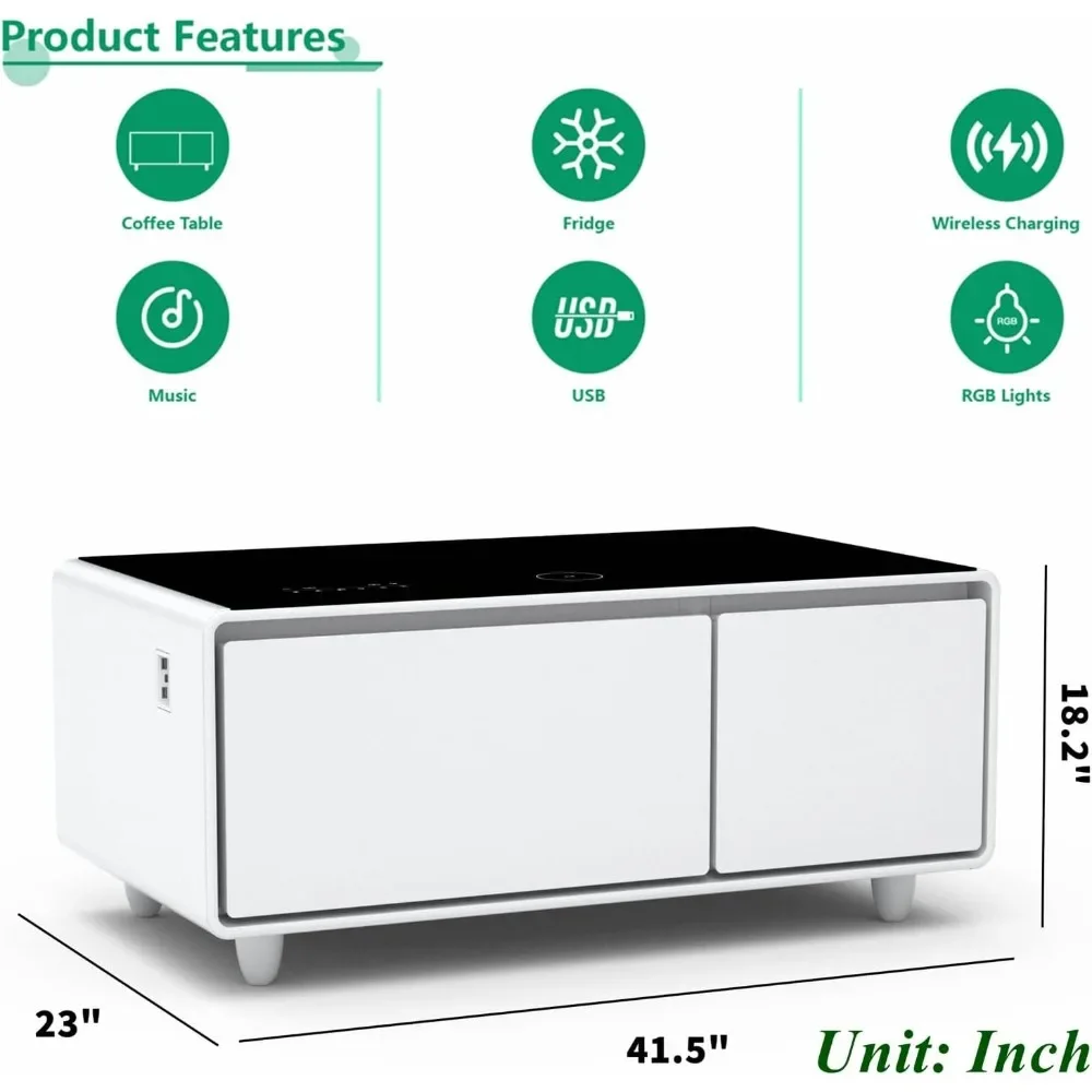 Mesa de centro inteligente con frigorífico y Bluetooth, mesa de frigorífico inteligente con altavoces duales, cargador inalámbrico de 15 W Blanco-LT90 Pro