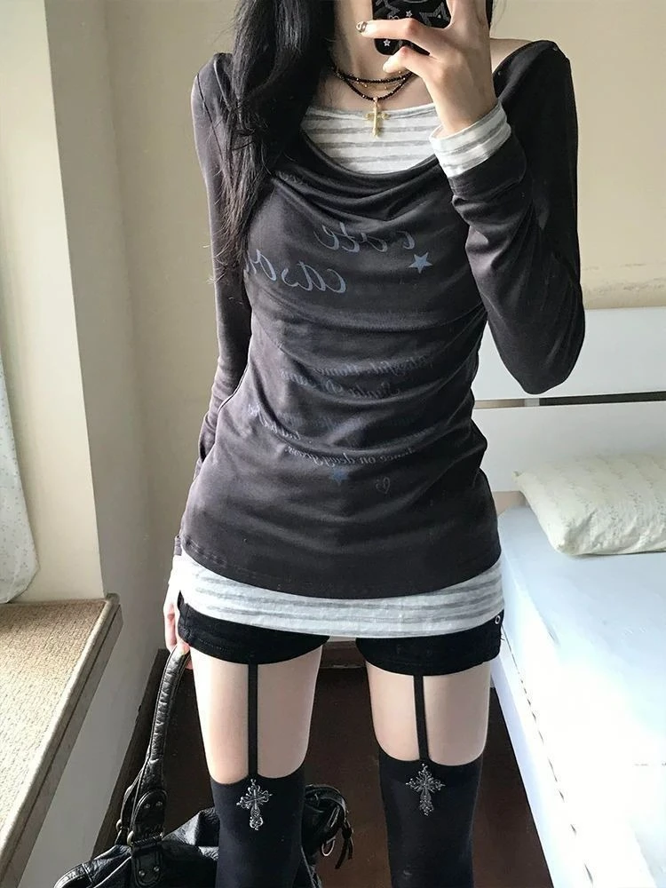 

HOUZHOU Gothic Black T-shirts Women Japanese Harajuku False Two-piece Print Tees Vintage Y2k Grunge Streetwear Punk T-shirts