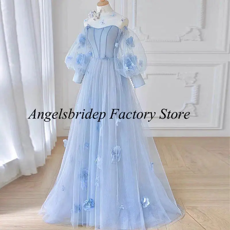 Angelsbridep Sky Blue A-Line Appliques Tulle Prom Dress High Neck Puffy Sleeves Evening Gowns 3D Flowers Party Robes De Soirée