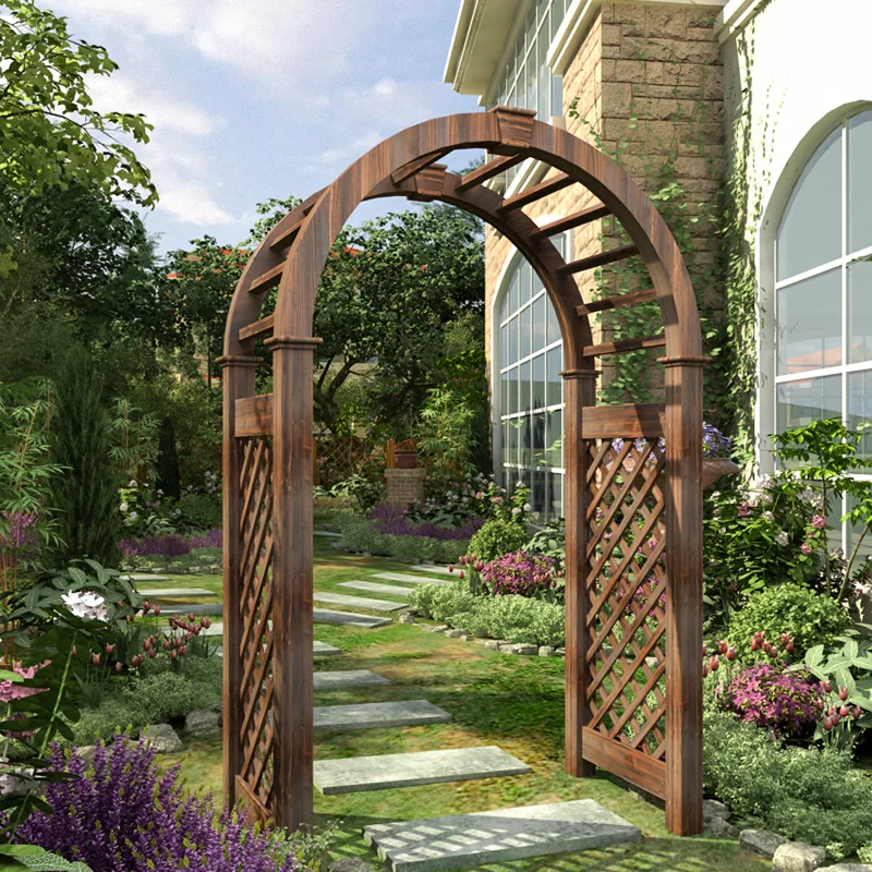 Outdoor rose arch, flower rack, climbing vine rack, courtyard anti-corrosion wood decorative door, grid semi circular arch fence