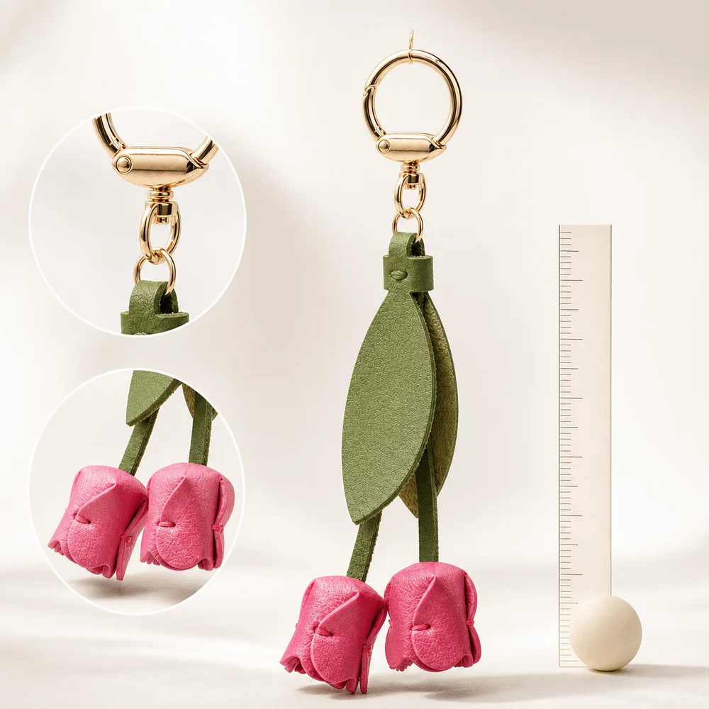 Gifts PU Leather Tulip Bag Pendant Handmade Hanging Flower Bag Charm DIY Jewelry Metal Chain Car Key Ring for Women Girls