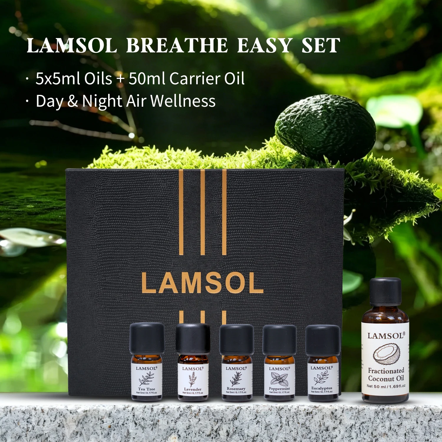 LAMSOL Luxury Home Fragrance Essential Oil Black Gift Set 75ml 5 Pure Oils & 50ml Carrier Oil Day Night Refresh Kit for Diffuser