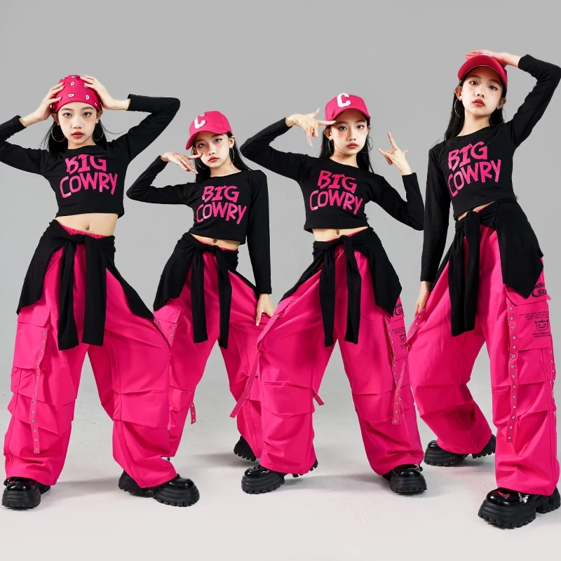 Kids Moderne Hip Hop Dans Kleding Meisjes Jazz Prestaties Kostuum Zwarte Lange Mouwen Tops Roze Broek Kpop Podium Outfits AMY1136