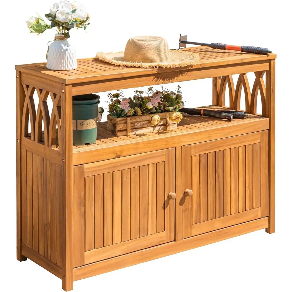 

Всепогодный уличный шкаф для хранения из дерева акации с двумя магнитными дверцами, полками, шведским столом, подставкой для телевизора и столиком-горшком коричневого цвета