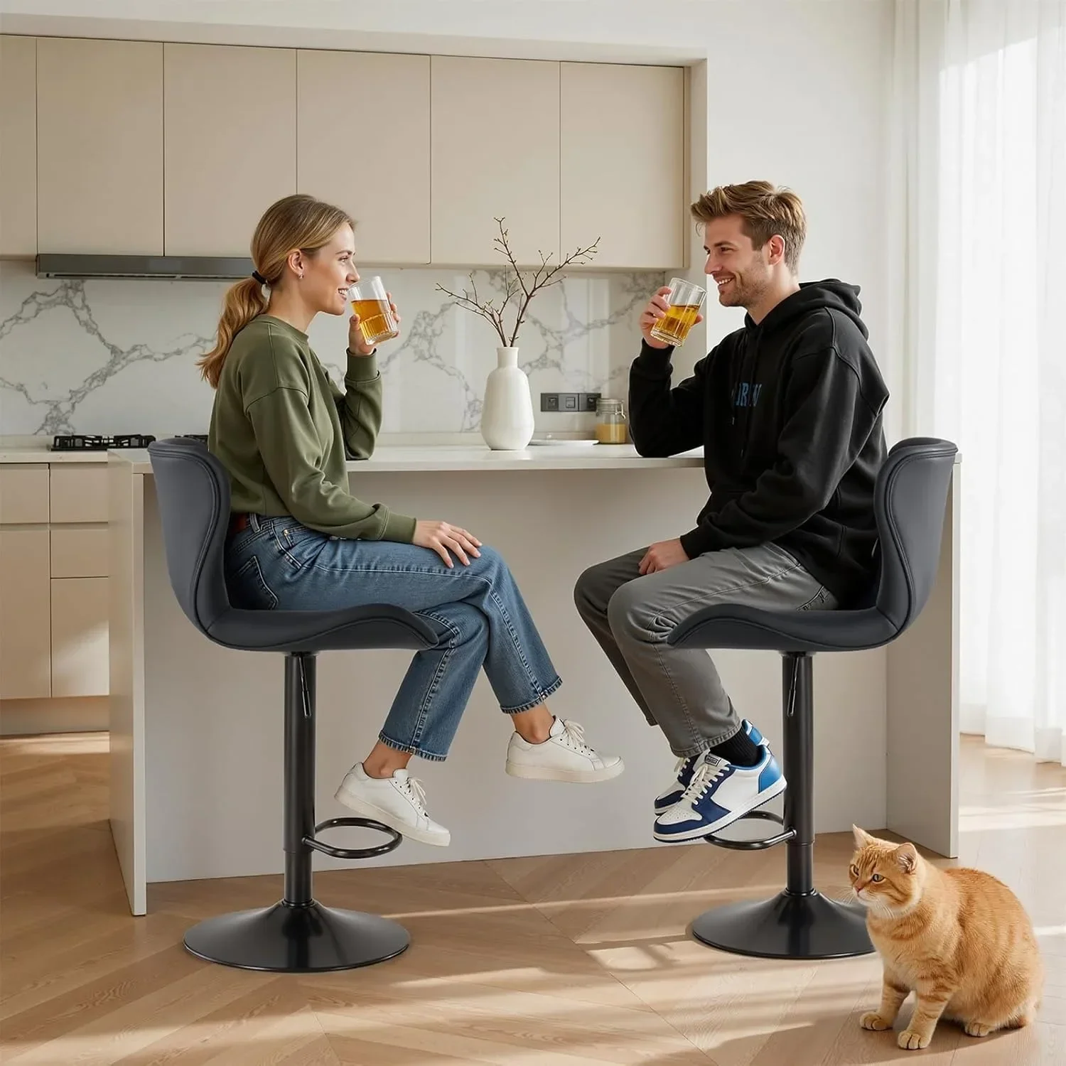 Modern Faux Leather Bar Stools Set of 2, Adjustable Swivel Counter Height Stools with Back Support for Kitchen Bar