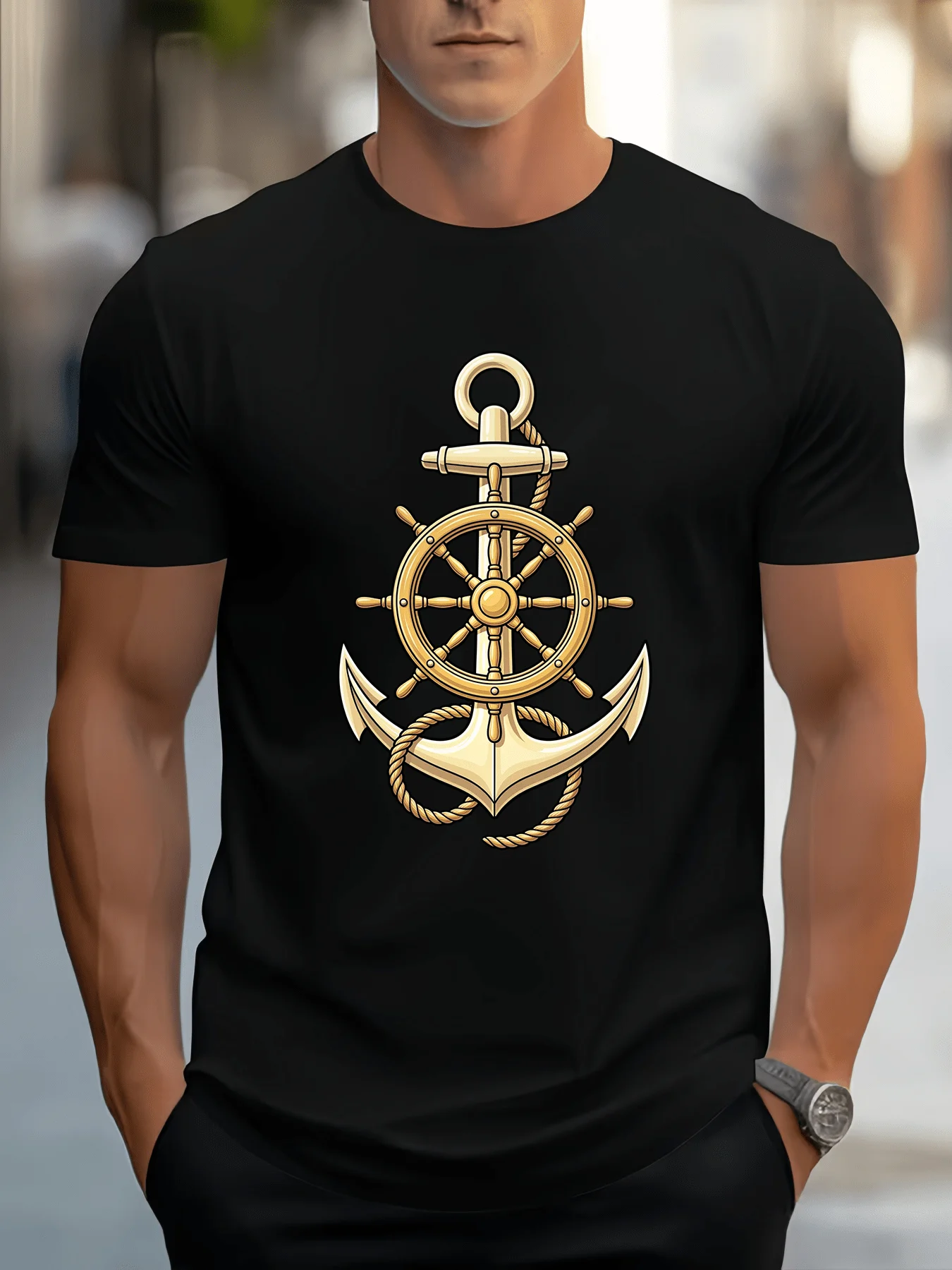 Men Golden Anchor Wheel Cotton T Shirt Crew Neck Nautical Print Male Summer Short Sleeve Marine Casual Streetwear Tops