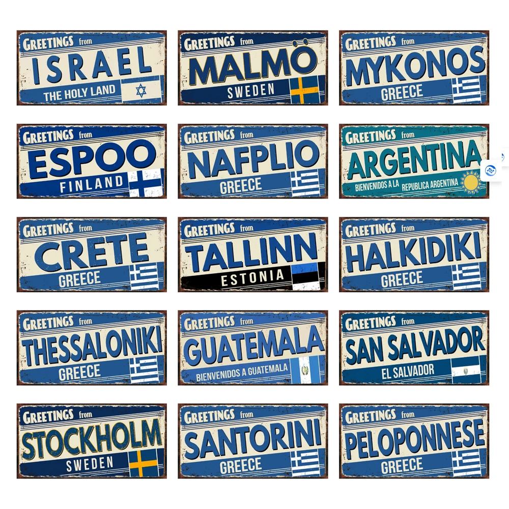 Israel Malmo Espoo Argentina Greetings From City Metal Sign Tin Plate Vintage Poster Garage Shop Home Decor 6x12 Inch KL-0200BB