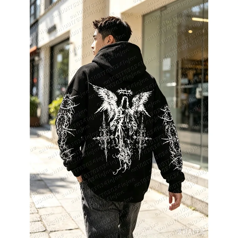 Men's Kid Angel Element Graffiti Thorn Print Streetwear Hip-Hop Punk Style Hooded Sweatshirt, Regular Fit with Hooded Collar
