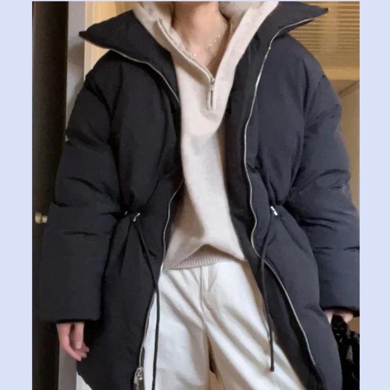 سترة نسائية من Nordic TT باللون الأسود برباط الخصر وياقة واقفة دافئة من القطن