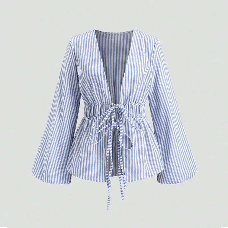 Camisa elegante de manga larga a rayas con cinturón, moda transfronteriza para mujer, camisa informal Sexy ajustada con cuello redondo para otoño