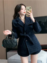 Autumn Winter Clothes Tweed Two Piece Pant Sets Women High Quality Vintage Notched Jacket Coat + Short 2 Piece Sets Lady Outfit