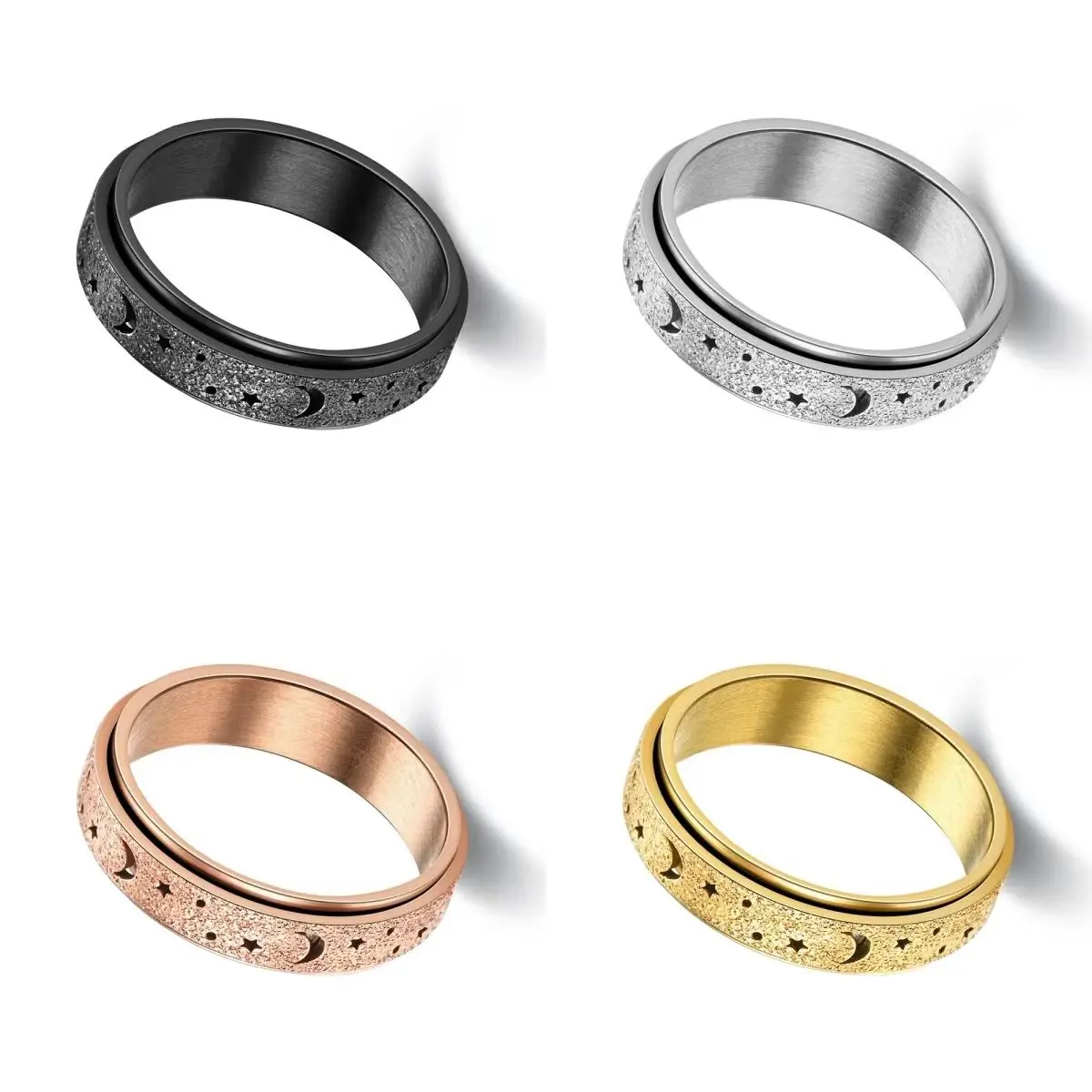 

2025 New Classic Frosted Stainless Steel Fidget Ring Moon & Star Design Anti-Stress Anxiety Relief Rotating Spinner for Men