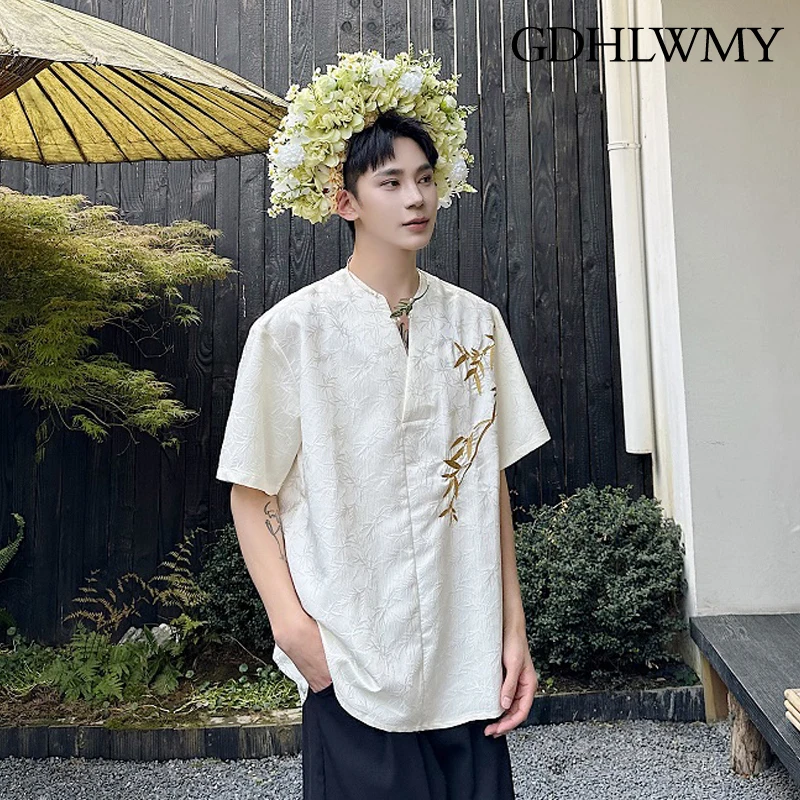 

GDHLWMY Summer new Chinese casual jacquard embroidered bamboo pullover V-neck men's and women's short sleeved shirt