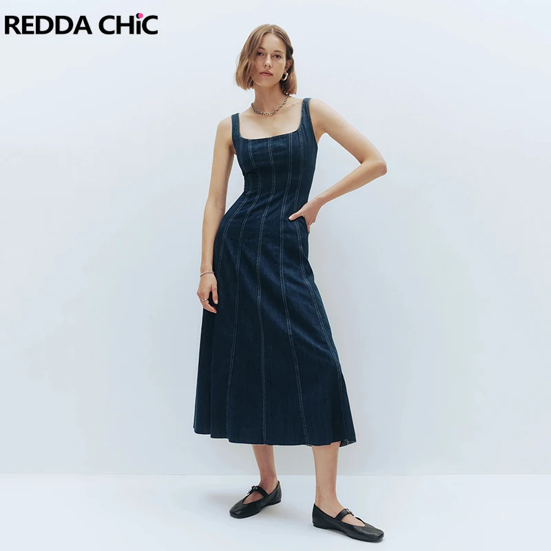 ReddaChic Elegant Women Square Neck Long Tank Dress Solid Blue Wash Sleeveless Seamed Frayed Casual Denim Dress Summer Clothes