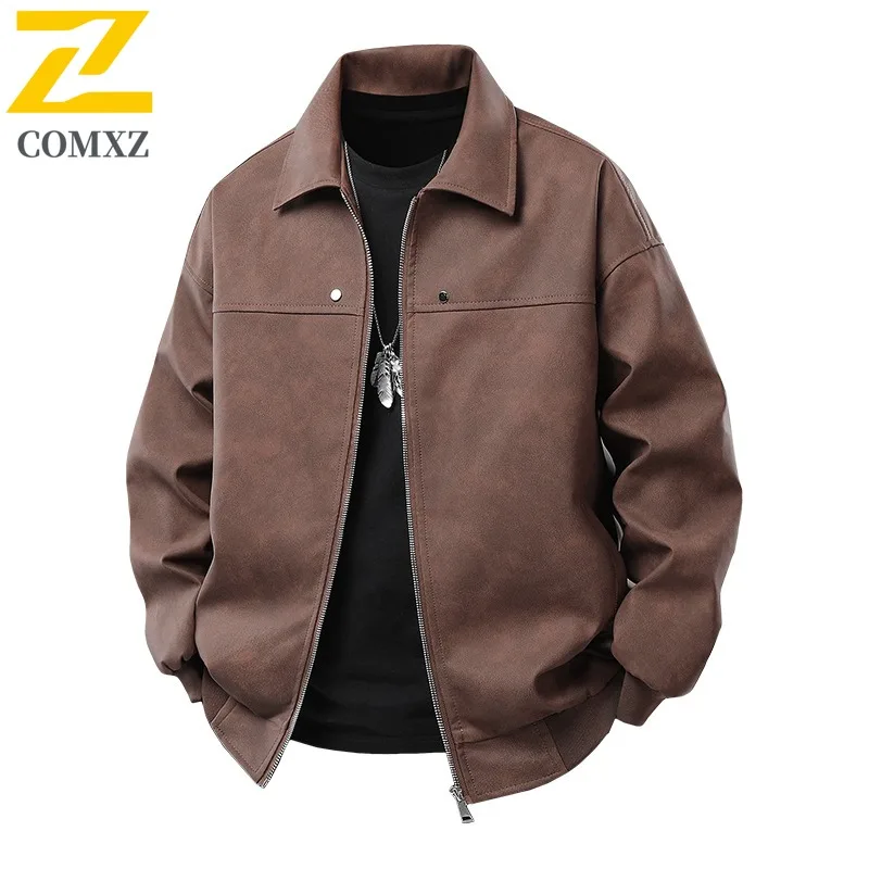 COMXZ الرجال بولي Leather سترة جلدية عادية الوقوف طوق التخييم يندبروف دراجة نارية معطف جلد المشي لمسافات طويلة خفيفة الوزن الخريف الملابس #3