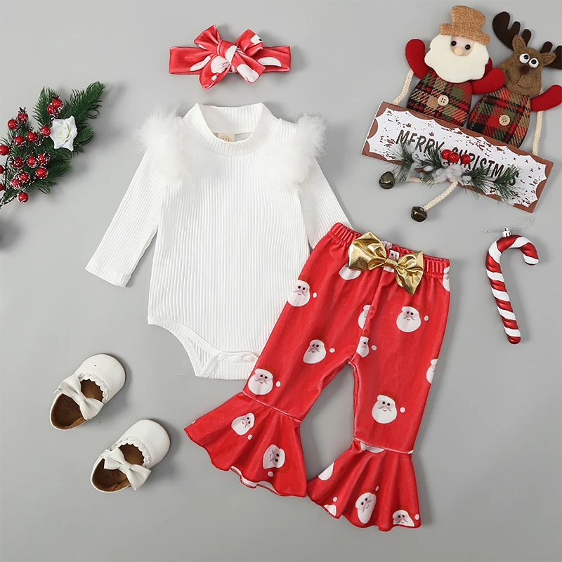 2023-08-11 Lioraitiin 0-24M Newborn Baby Girls Christmas Outfits Ribbed Long Sleeve Romper Santa Claus Flared Pants Headband