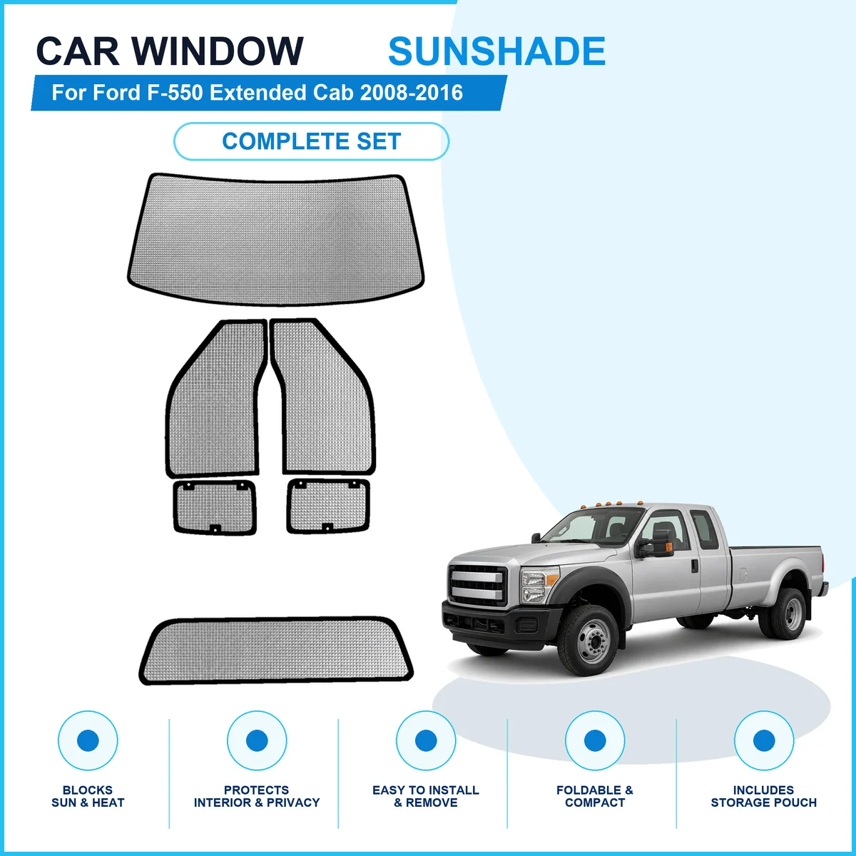 For Ford F-550 Extended Cab 2008-2016 Custom Full Set Window Sunshades Aluminum Foil Suction Cup Anti UV Privacy