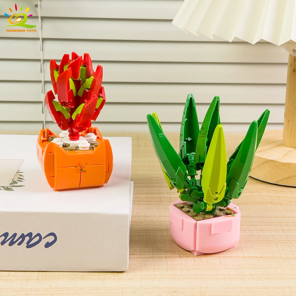HUIQIBAO MOC Blume Sukkulenten Topf Modell Baustein DIY Ewiger Blumenstrauß Home Schreibtisch Pflanze Dekor Ziegel Mädchen Geschenk Kinder Spielzeug – Detail 6