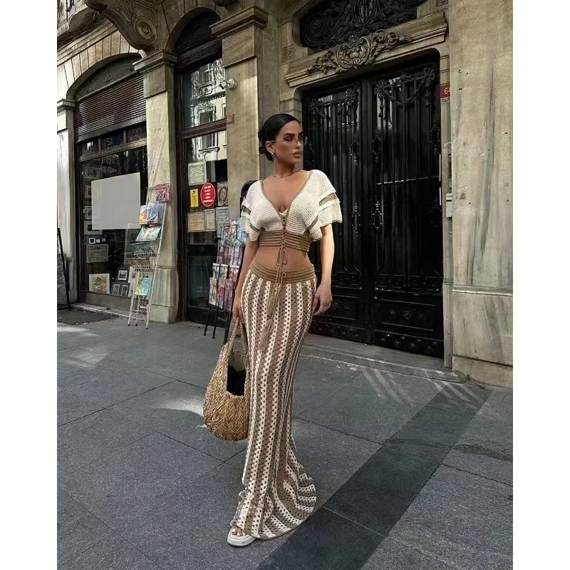 Elegant Knitted Women 2 Piece Set Hollow Out Lace Up Crop Top Long Maxi Skirts Matching Set 2024 Summer Holiday Beach Outfits