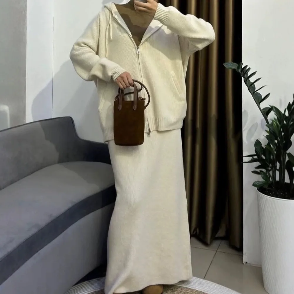 Hooded Knitted Cardigan Skirt Set Women's Loose Two-piece Set Unique Random Texture Stylish Simple Versatile High Elegance