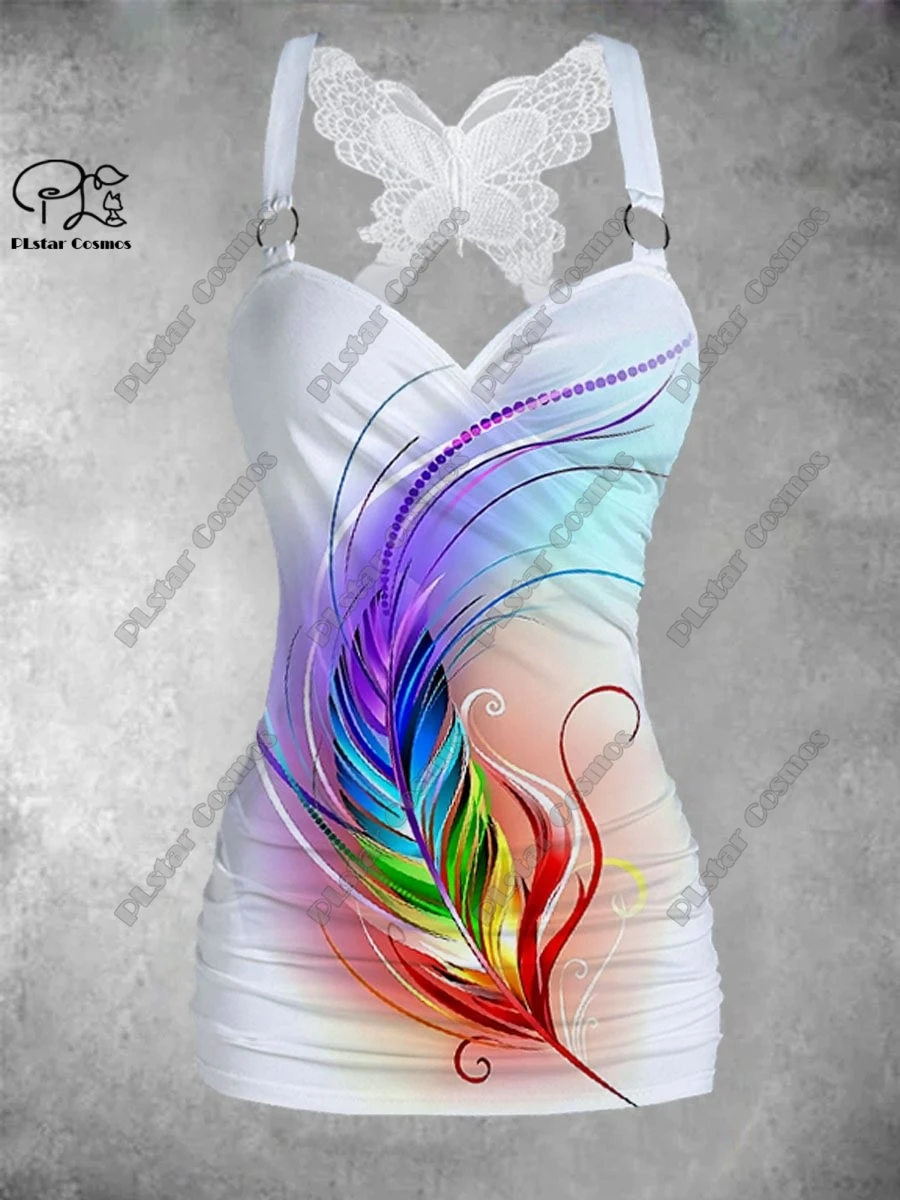 PLstar Cosmos new 3D printed women's colorful feather gradient art retro printed butterfly vest + wide leg pants two-piece set