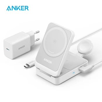 Anker MagGo 3-in-1 충전 스테이션, Qi2 인증, 15W MagSafe 호환 무선 충전기 스탠드, Apple Watch 충전기