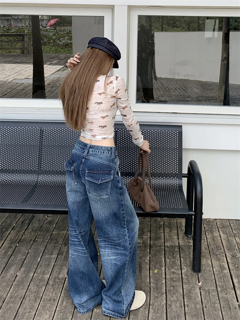 Women 2026 New Vintage Mottled Tie Dye Dark Blue Womens Denim Pants Back Patch Pocket Design Loose Straight Wide Floor Length Long Trousers