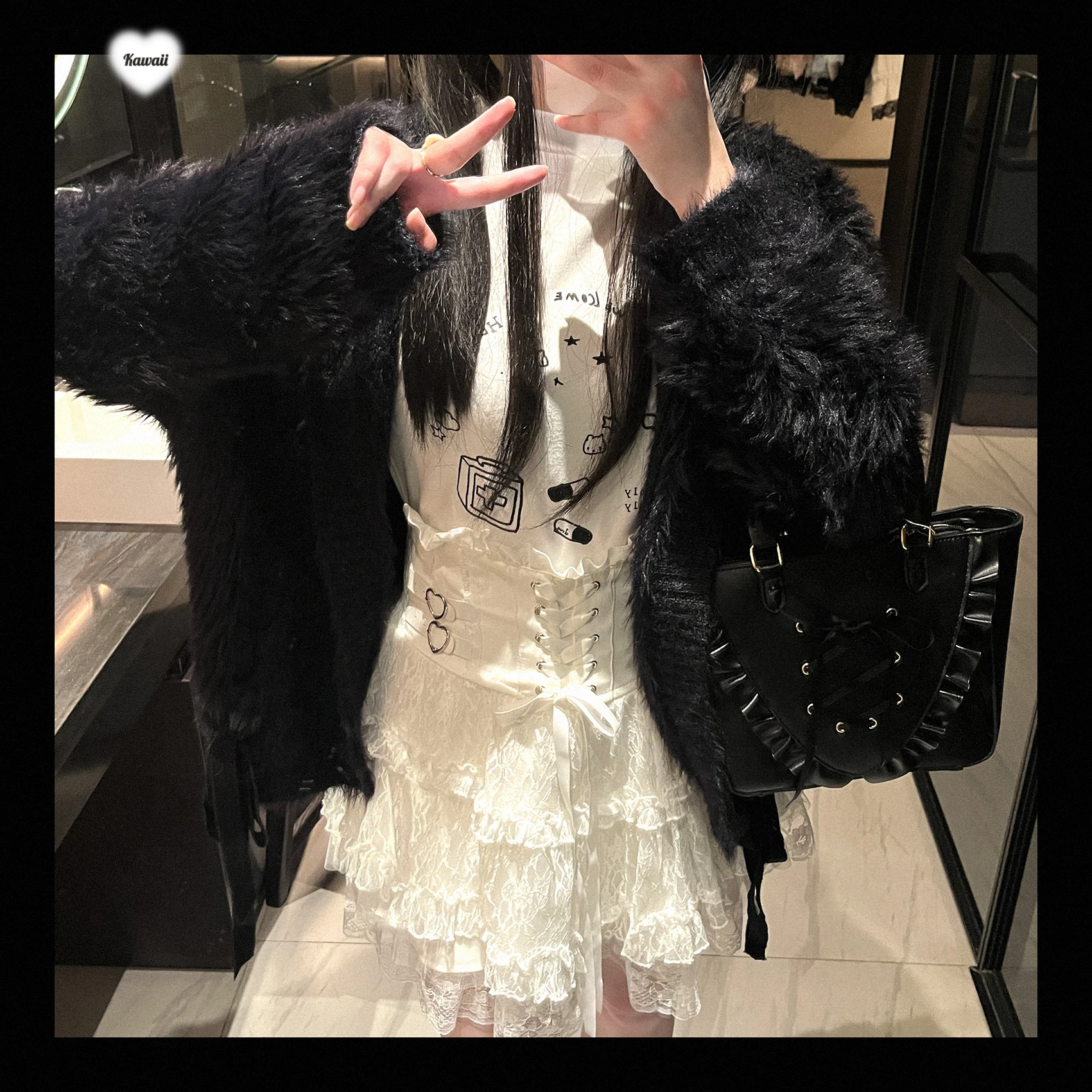 Japanese Mine Style Lace Splicing Short Skirts High Waist Lace-up A-line Heart Leather Buckle Sweet Versatile Mini Skirt Women