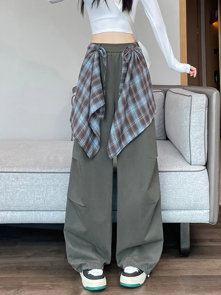 

Ретро-американские женские брюки-карго в уличном стиле, весна 2026, свободные, со съемными элементами, в клетку, повседневные, асимметричные, с низкой талией