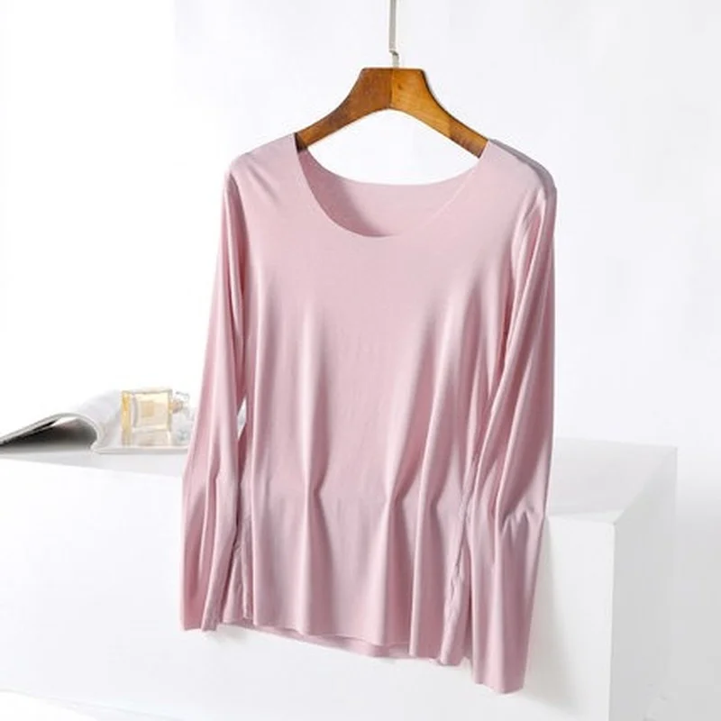 Women's Modal Long Sleeved Bottoming Tops, Monochromatic, Slim, Plus Size, 4XL, 5XL, Pink, Black, New, Summer, 2022