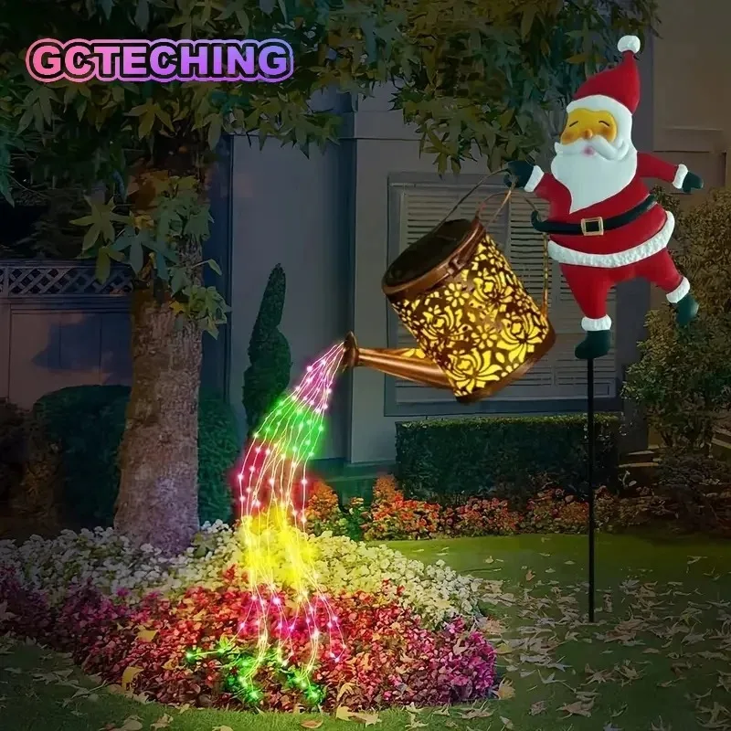 Christmas Solar Garden Lights Santa Claus Watering Can Metal Lantern with Cascading Fairy LEDs for Yard Lawn Decor