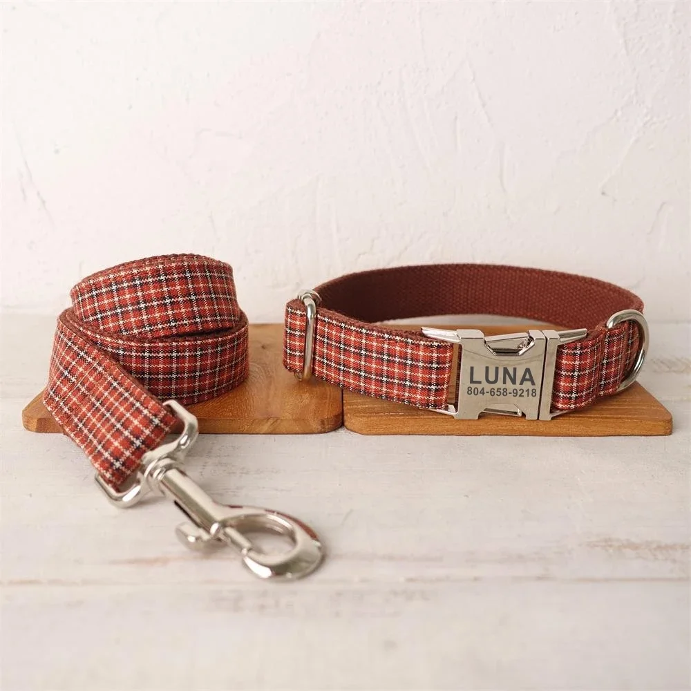 Personalized Dog Collar Custom Pet Collar Free Engraving ID Name Tag Pet Accessory Red Brown Plaid Puppy Collar Leash