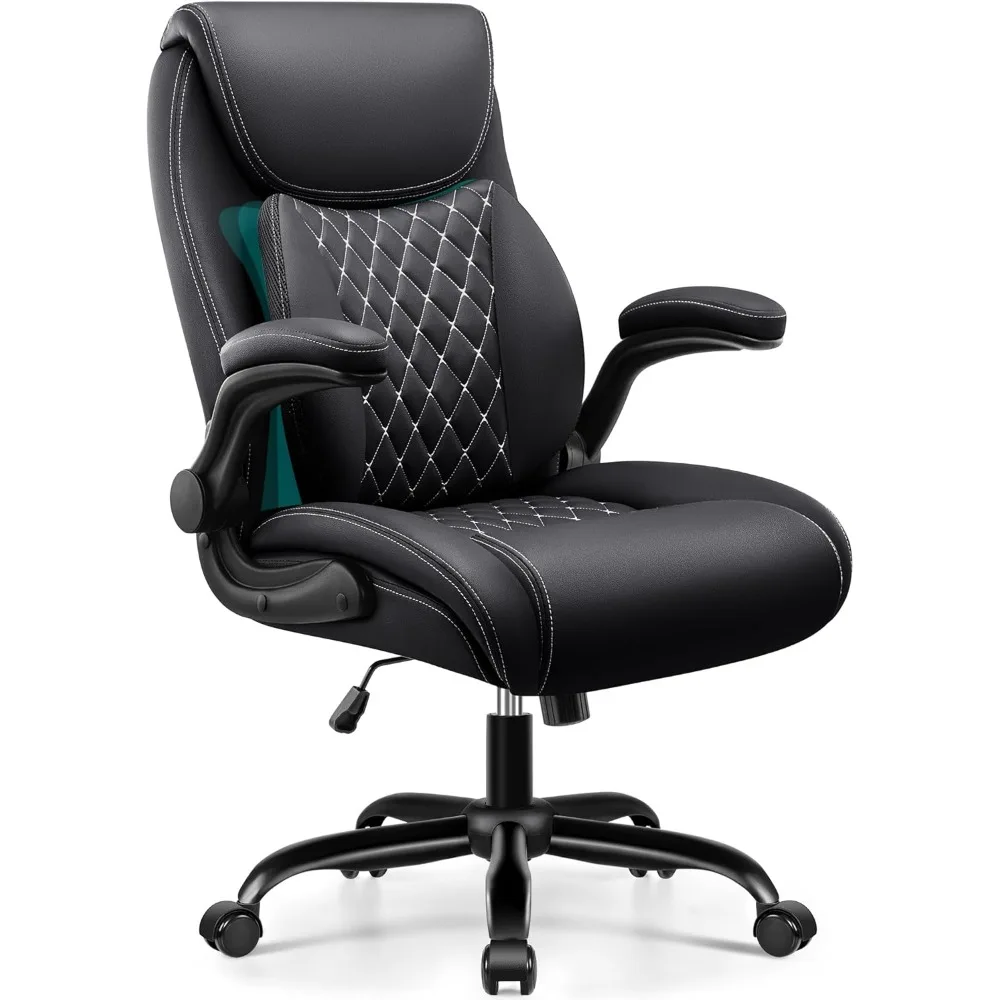 Ergonomic Office Chairwith Lumbar Support forLower Back Pain Relief,Executive Leather Chairwith Padded Flip-up Arms