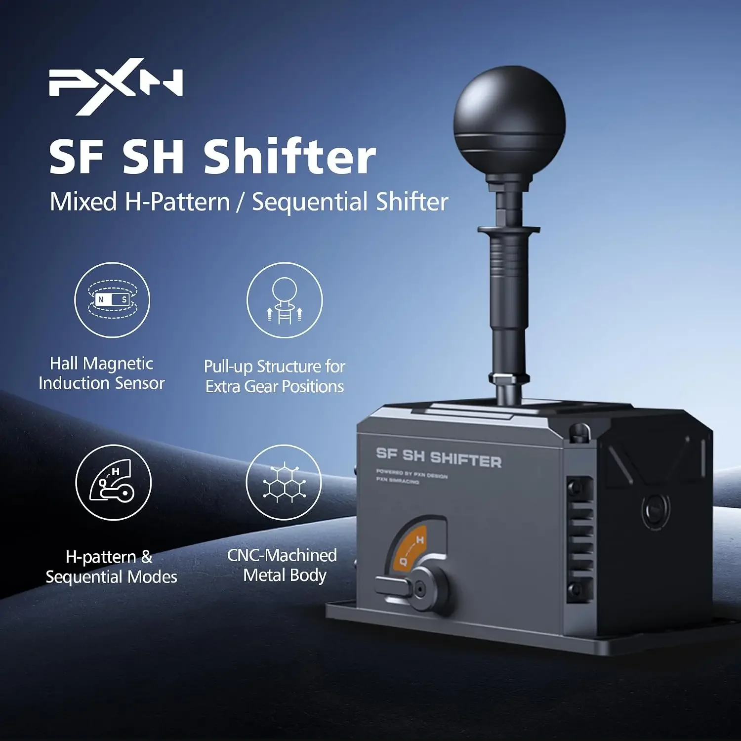 SF SH Sim Racing Shifter, H-Pattern & Sequential Dual Mode | Hall Effect Sensor, Aluminum Alloy Body, 6+2+R Gears, Adjustable